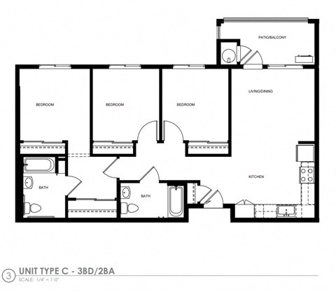 Floor plan for 3 beds, 2 baths, 1215 sqft